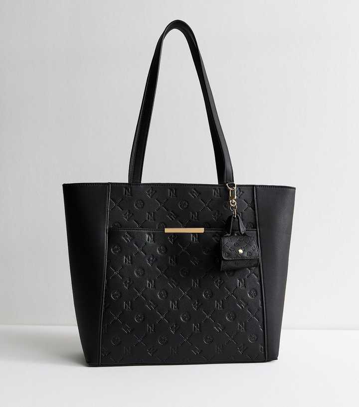 Black Faux Leather Debossed Tote Bag