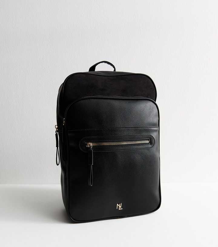 Black Faux Leather Logo Plaque Zip Backpack