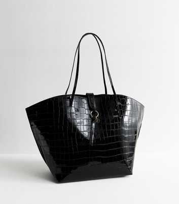 Black Textured Faux Leather Large Tote Bag