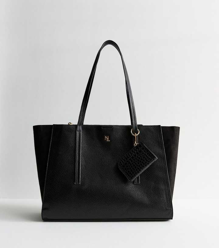 Black Faux Leather Double Compartment Tote Bag