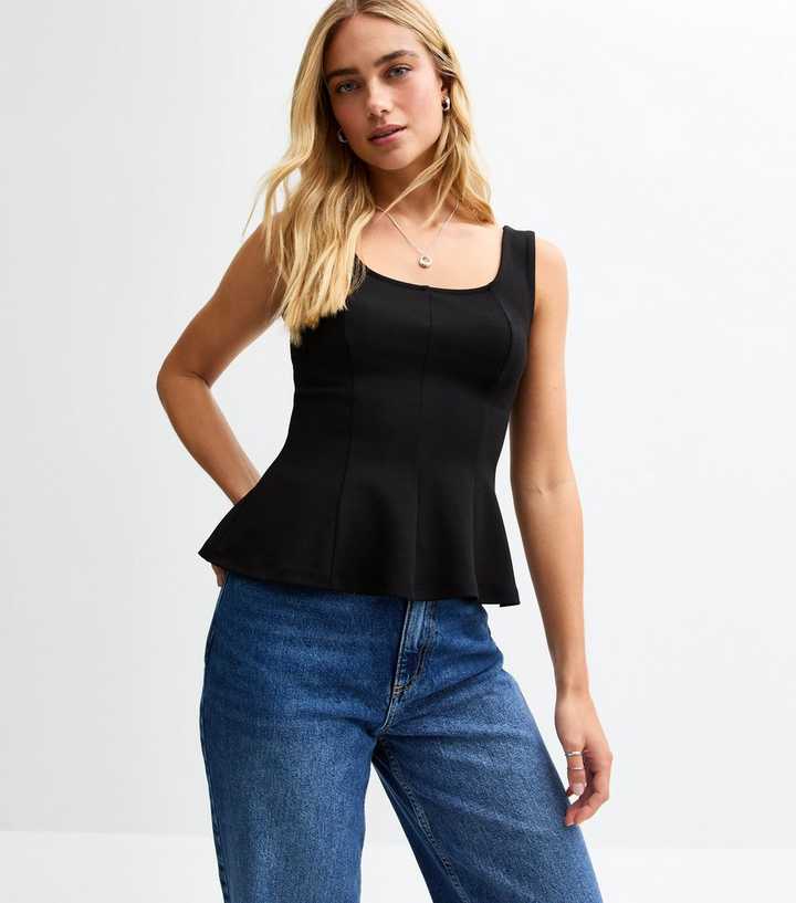 Black Jersey Peplum Hem Sleeveless Top