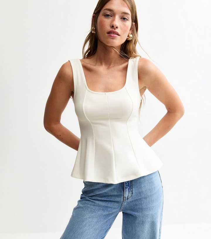 Off White Jersey Peplum Crepe Strappy Top