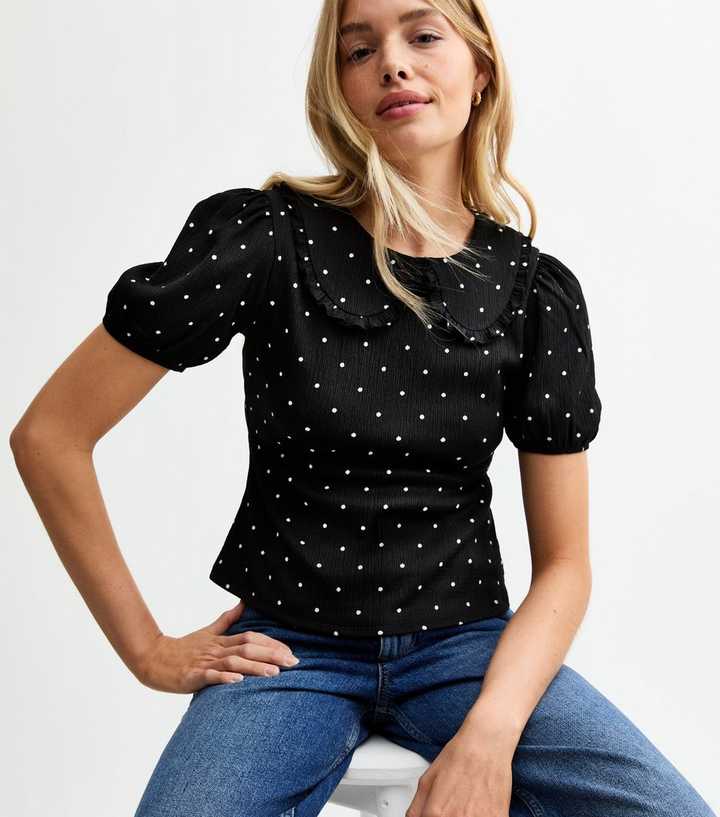 Black Jersey Polka Dot Crinkle Collar Top