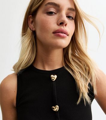 Black Heart Button Ribbed Vest