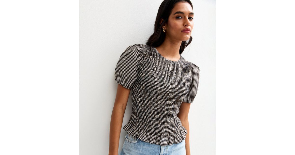 Black Gingham Shirred Puff Sleeve Top New Look