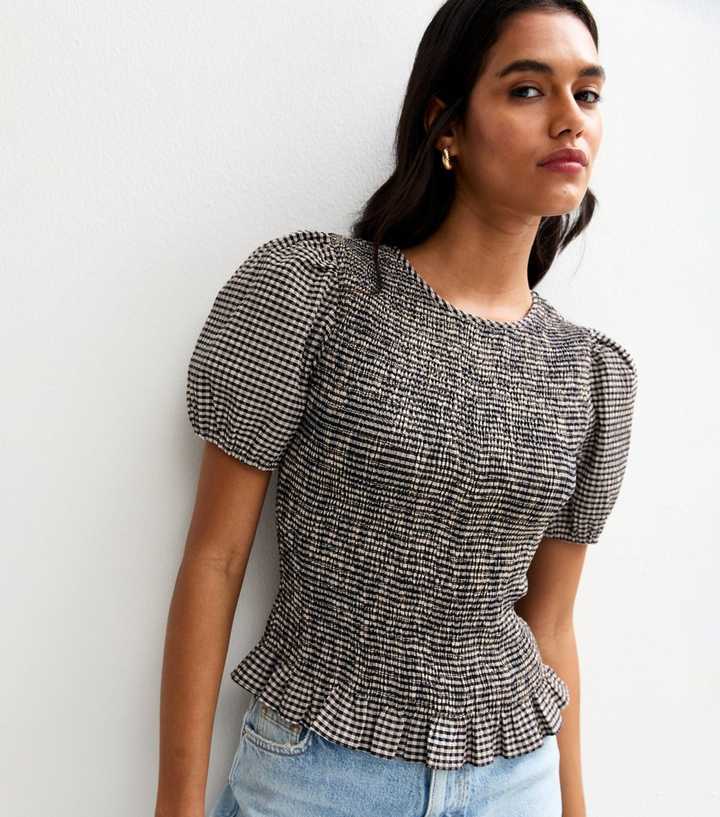Black Gingham Shirred Puff Sleeve Top