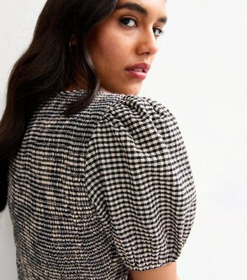 Black Gingham Shirred Puff Sleeve Top