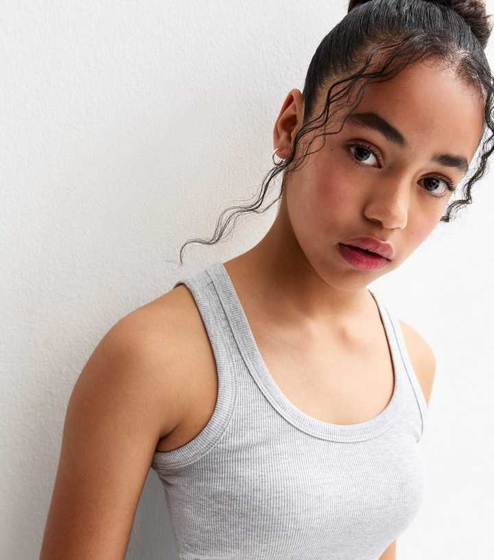 Girls Marl Grey Scoop Neck Ribbed Vest Top