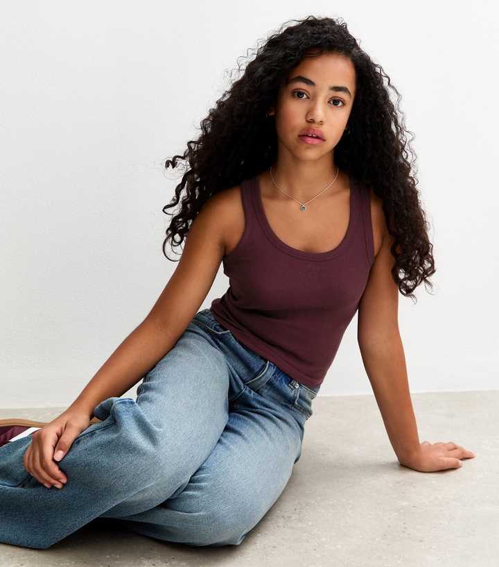 Girls Burgundy Scoop Neck Ribbed Vest Top