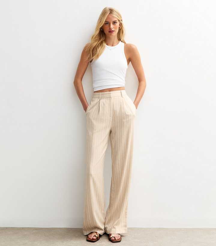 Tall Cream Striped Wide Leg Trousers