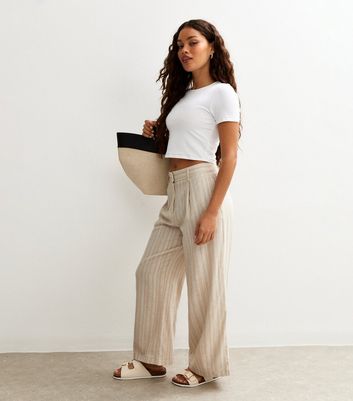 Petite Cream Striped Wide Leg Trousers New Look