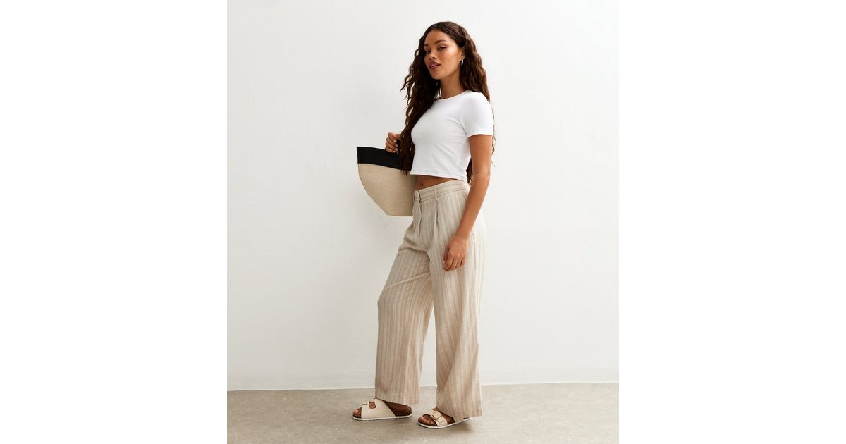 Petite Cream Striped Wide Leg Trousers New Look