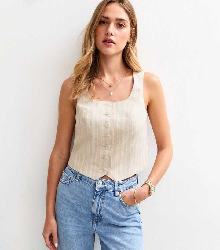 Cream Striped Scoop Neck Waistcoat