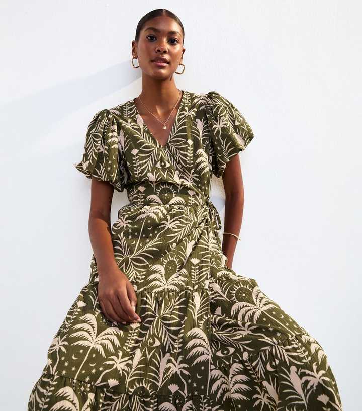 Khaki Palm Print Puff Sleeve Wrap Midi Dress