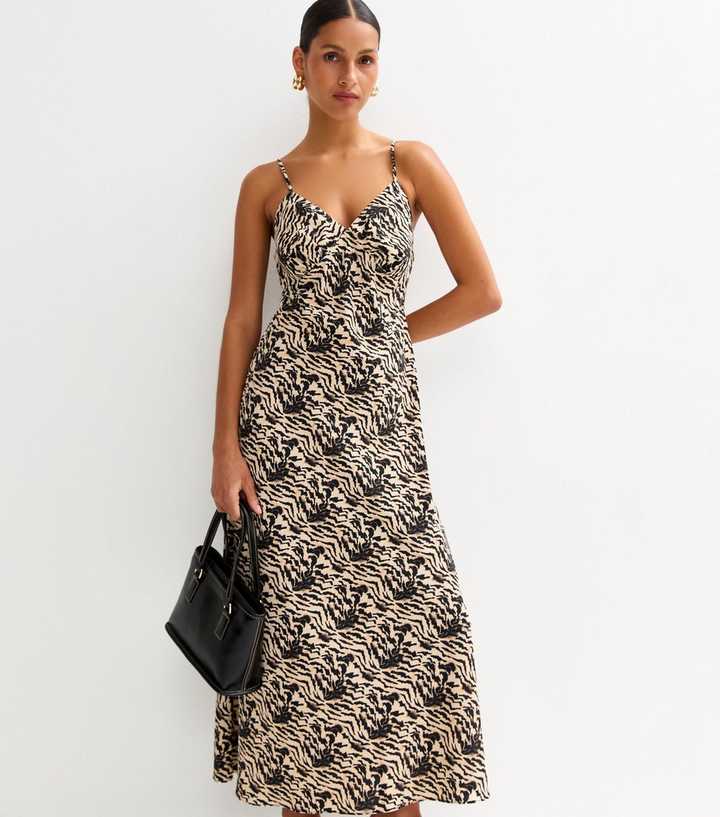 Cream Pattern Print V-Neck Midi Dress