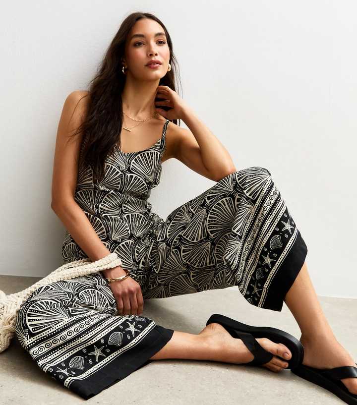 Black Shell Print Wide Leg Jumpsuit