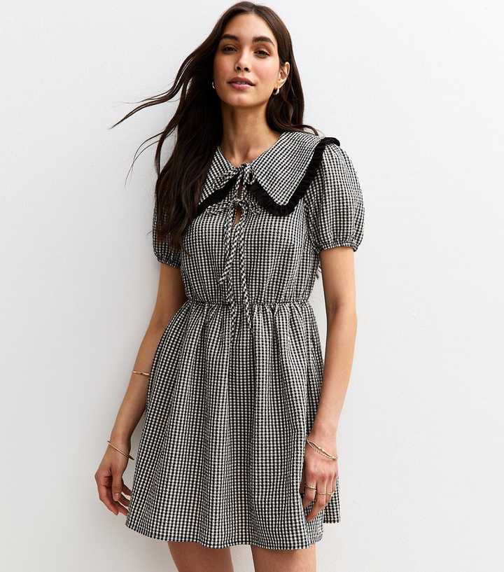 Black Gingham Check Oversized Collar Mini Dress