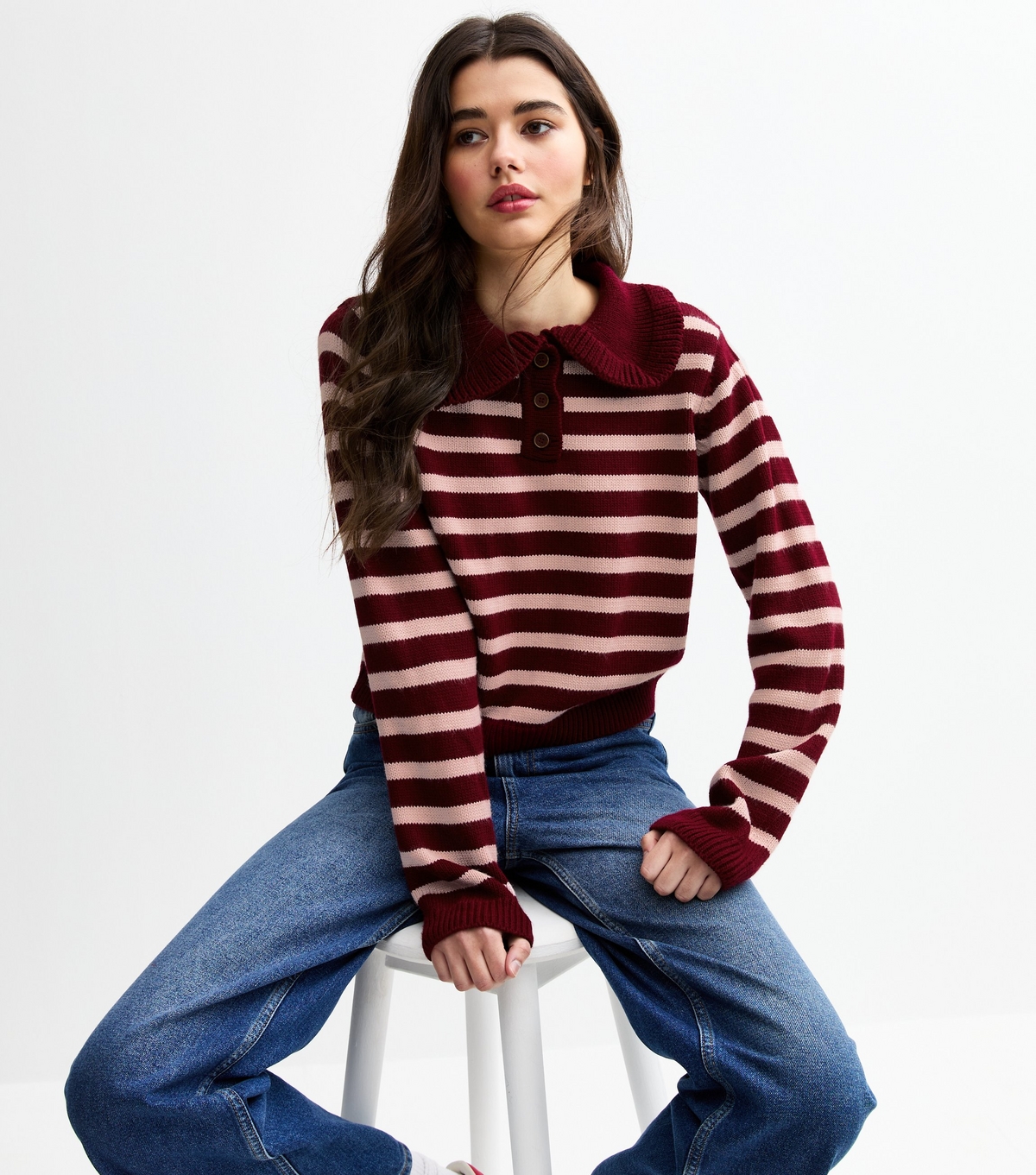 Women's Red Striped Frill Collar Knit Jumper Tokyo Doll New Look
