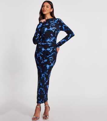 QUIZ Blue Tie Dye Print Ruched Midi Dress