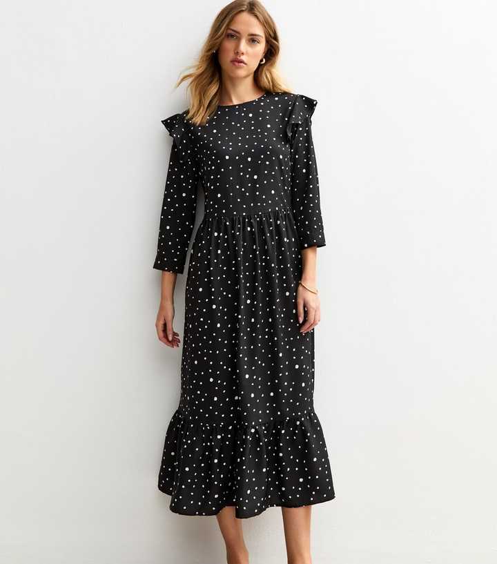 Urban Bliss Black Polka Dot Ruffle Trim Midi Dress