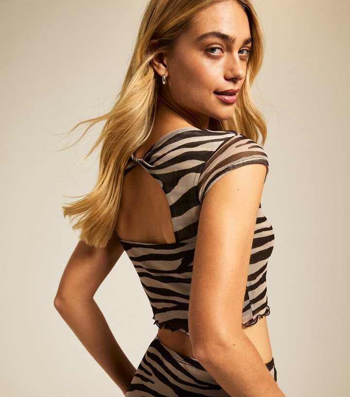 Brown Zebra Print Cut Out Back Cropped Top