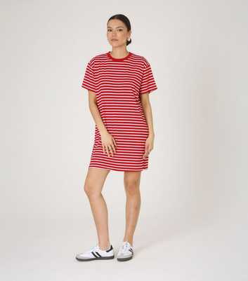 WKNDGIRL Red Striped Crew Neck Mini T-Shirt Dress