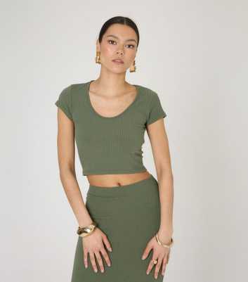 WKNDGIRL Green Ribbed Scoop Neck Cropped T-Shirt