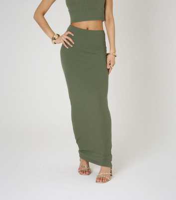 WKNDGIRL Green Rib Lettuce Hem Maxi Skirt