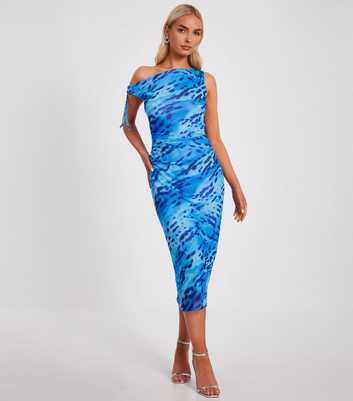QUIZ Blue Abstract Print Off The Shoulder Midi Dress