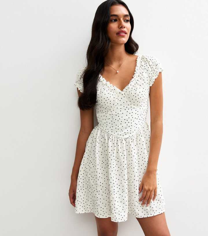 White Polka Dot Frilly Trim Micro Mini Dress