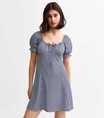Navy Checked Milkmaid Mini Dress