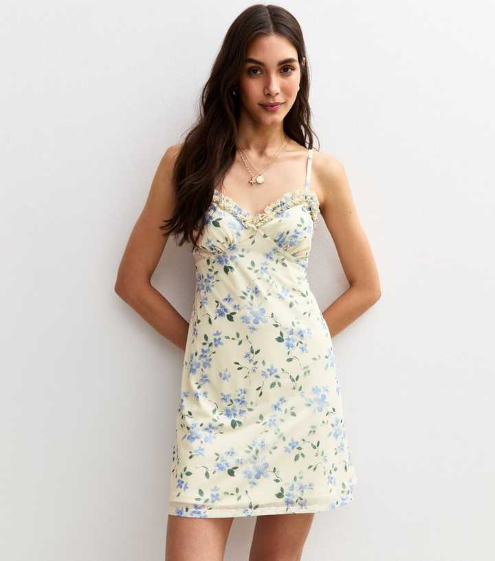 White Floral Print Ruffle Trim Mini Dress