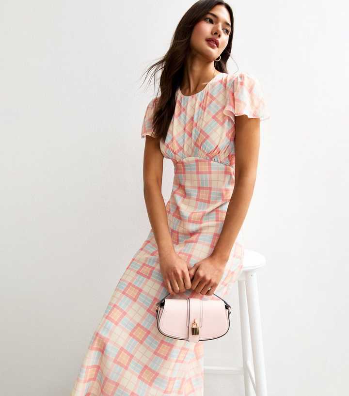 Pink Check Print Chiffon Midi Dress