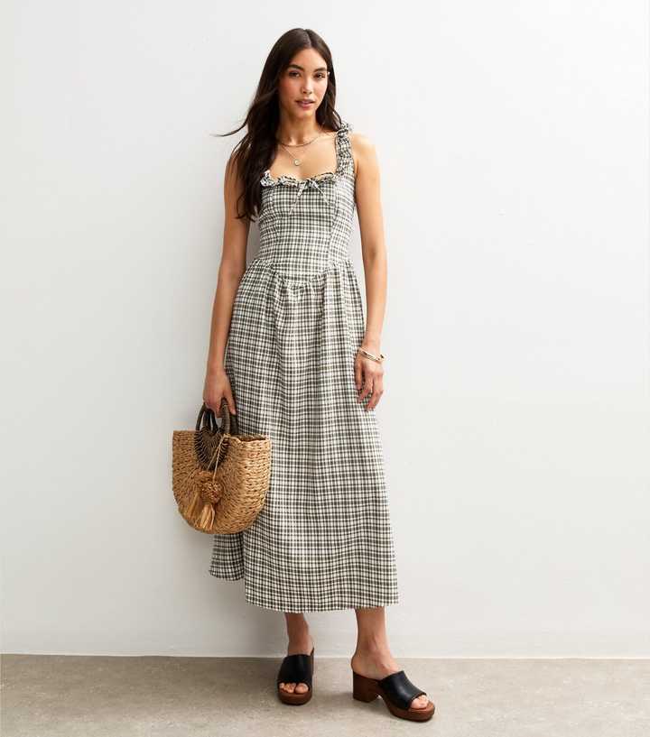 Green Check Print Strappy Corset Midi Dress