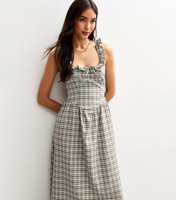 Green Check Print Strappy Corset Midi Dress | New Look
