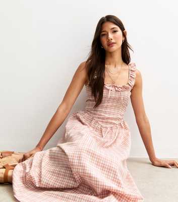 Pink Check Print Strappy Corset Midi Dress