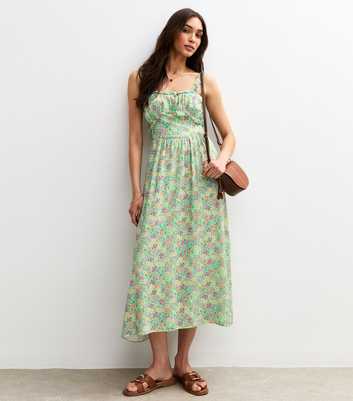 Green Floral Print Strappy Milkmaid Midi Dress