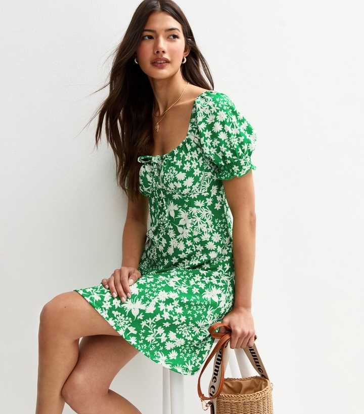 Green Floral Print Mini Dress