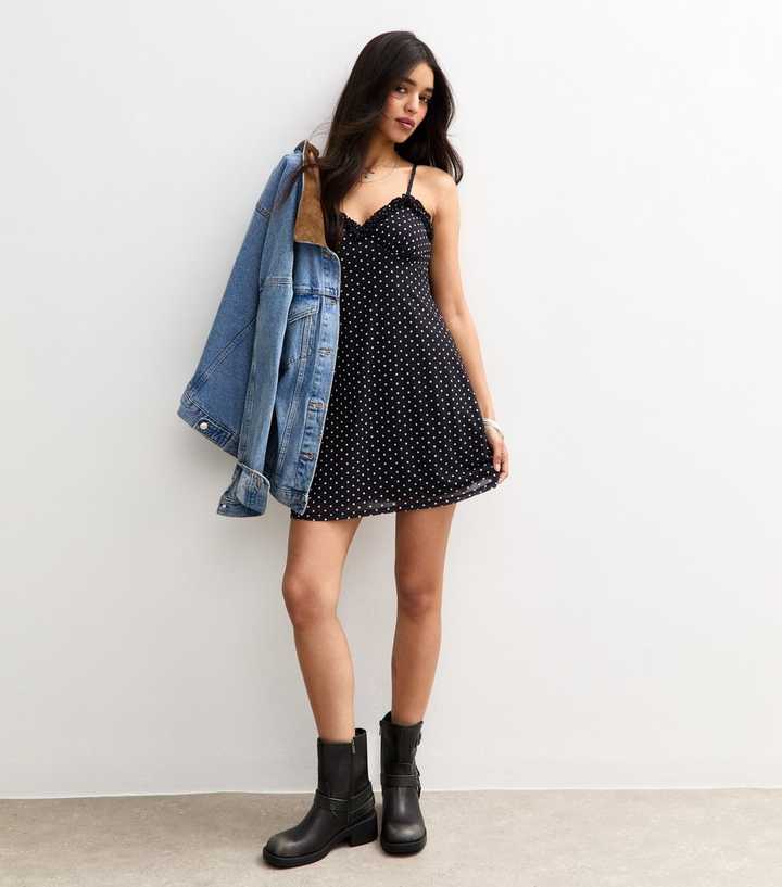Black Polka Dot Frill Trim Mini Dress