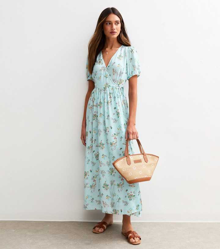Blue Gingham Check Floral Wrap Midi Dress