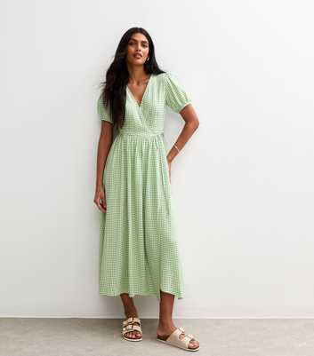 Green Gingham Print Wrap Tie Midi Dress