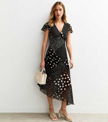 Black Spot Print V-Neck Midi Dress