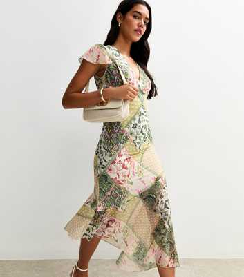 Multicoloured Patchwork Print V-Neck Midi Dress