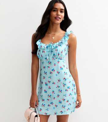 Blue Gingham Check Floral Print Ruffled Mini Dress