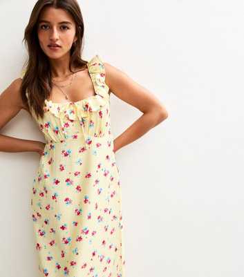 Yellow Ditsy Print Sweetheart Neck Tie Back Midi Dress