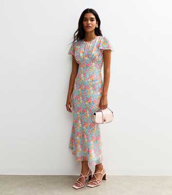 Blue Floral Print Chiffon Midi Dress