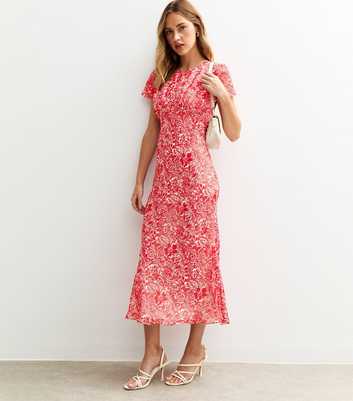 Red Floral Print Chiffon Crew Neck Midi Dress