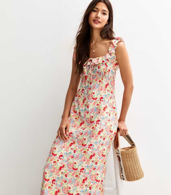 Multicolour Floral Print Ruffle Trim Tie Back Midi Dress