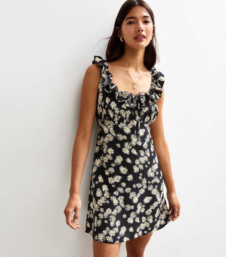 Black Daisy Print Sweetheart Tie Back Mini Dress