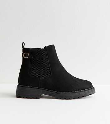 Wide Fit Black Faux Suede Chunky Chelsea Boots
